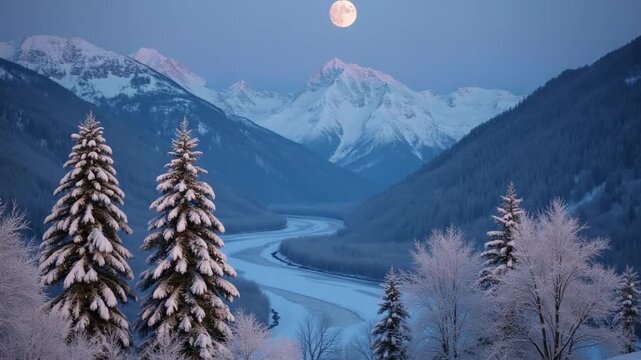 A serene winter landscape at dusk with snow-covered trees in the foreground, a meandering river, majestic mountains, and a full moon above
