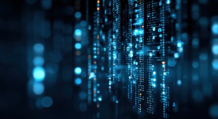 Digital code streams, glowing blue and dark background