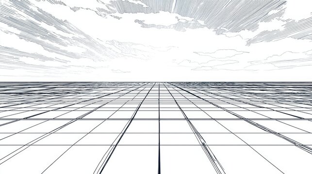 A vast landscape stretches out toward the horizon, featuring a grid pattern on the ground beneath dynamic clouds. The scene captures a sense of openness and depth in monochrome.