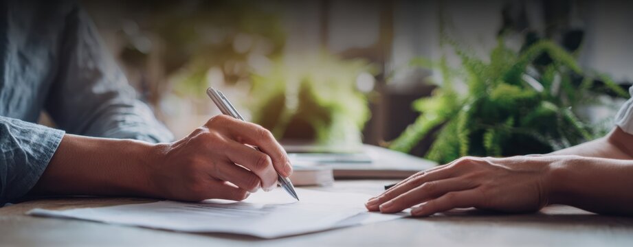 The Hands Signing a Contract at a Wooden Desk with Plants in Background