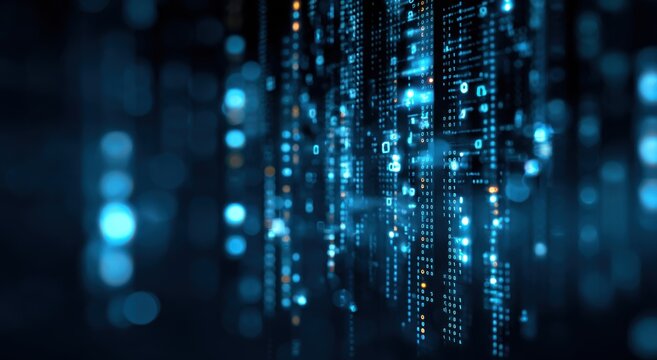 Digital code streams, glowing blue and dark background