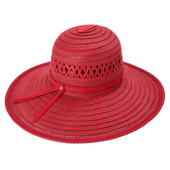 Elegant red wide brim sun hat with intricate straw design for summer fashion and sun protection