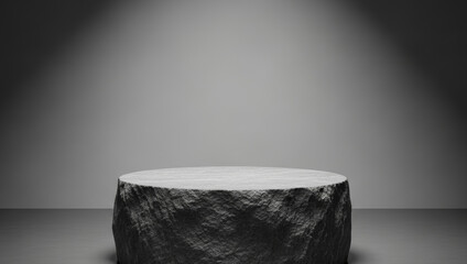 Stone pedestal platform illuminated by spotlight against a gray background studio shot, featuring natural surface detail, strong geometric shape, and a modern minimal composition that conveys elegance