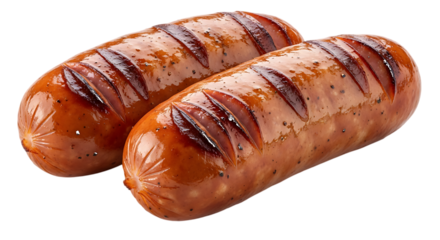 Two Grilled Sausages with Grill Marks isolated on a transparent background