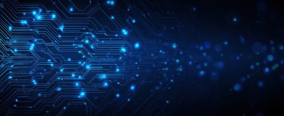 Abstract circuit board graphic with glowing blue lines and particles