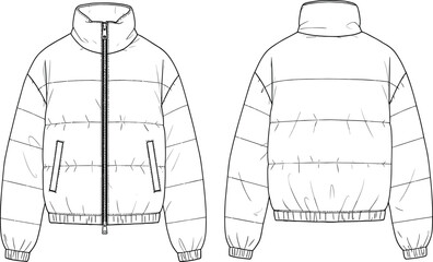 CAD drawing flat vector illustration of padded puffer jacket with zipper, front and back technical sketch for fashion design