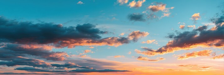 Wide-angle view of a dramatic sunset sky, filled with varied clouds of orange, pink, and blue tones