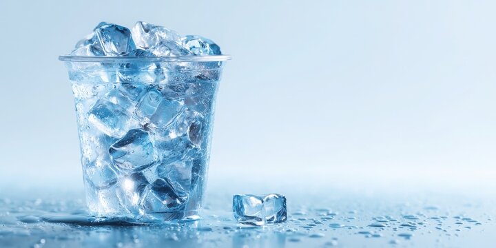 Refreshing ice water in a clear glass on a cool day. Plastic cup with melting ice