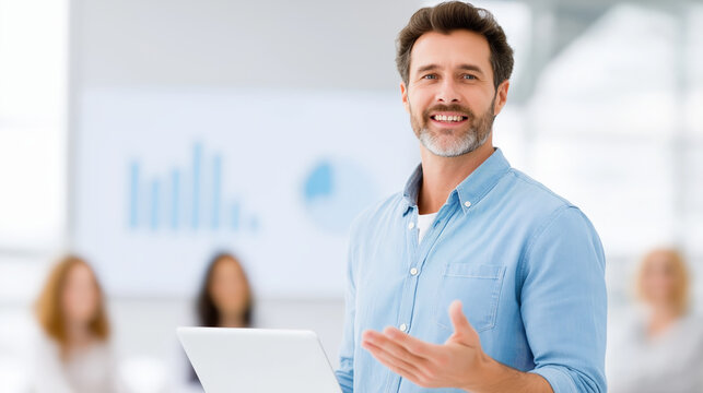 Confident male business presenter smiling while using tablet in modern office meeting room - Powered by Adobe