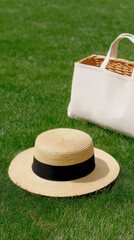 Straw hat with black band on green grass next to picnic basket on sunny summer day outdoors