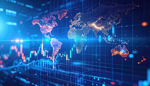 A digital representation of a world map with glowing areas, overlaid with financial stock charts on a blue grid backdrop and light flares