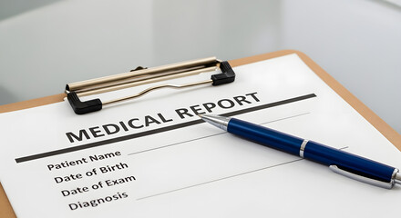 Medical Report: A comprehensive medical report lies on a clipboard, ready for analysis. A pen sits prepared to jot down necessary information, ready to record observations for diagnosis.