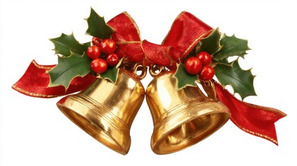 Two golden bells are intertwined with a bright red ribbon and festive holly berries. This decoration is perfect for Christmas and holiday gatherings, creating a joyful atmosphere.
