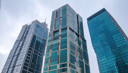 Obraz premium Worm's-eye view of 3 modern skyscrapers against a cloudy sky, showcasing the architectural variety and height of urban development