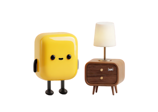Yellow Cube Character with Table Lamp on Nightstand