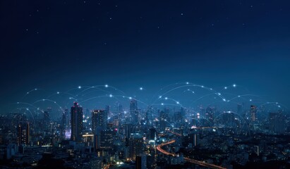 Night city skyline, network connections