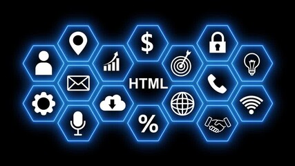 Collection of White Technology and Business Icons Arranged in Hexagons with HTML in the Center on a Black Background - Powered by Adobe