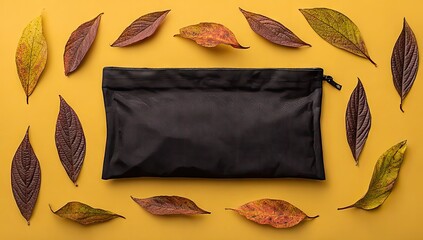 Black pouch surrounded by autumn leaves on a mustard background.