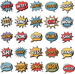 Comic speech bubbles set, pop art style text expressions, cartoon sound effects, retro design elements, cad drawing flat vector illustration