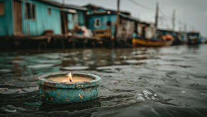 Fototapeta premium Teal candle floats on water, rustic village backdrop