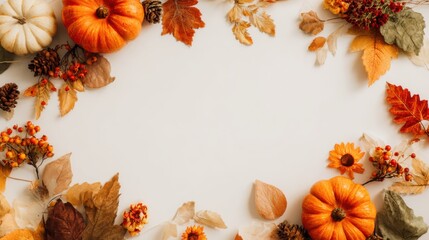 Fototapeta premium Vibrant orange pumpkins are surrounded by colorful autumn leaves, berries, and pinecones on a light background, creating a festive fall atmosphere perfect for decoration.