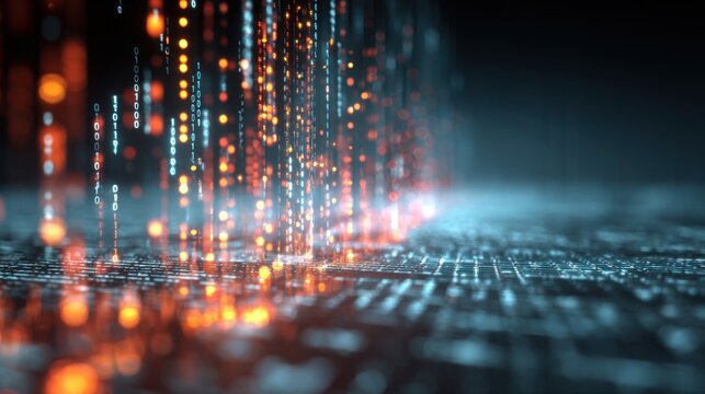 A cascade of glowing binary code elements falls like rain over a digital grid, creating a dynamic and immersive feel in a high-tech environment, emphasizing technology and innovation.