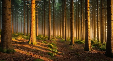 Obraz premium Golden Hour Light Filtering Through Dense Forest of Tall, Straig