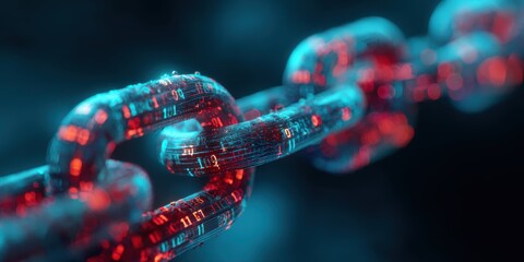 A close-up view of a chain link, rendered with glowing red and blue digital code. The chain links appear textured and three-dimensional
