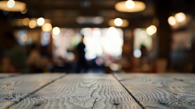 Rustic Wooden Tabletop in a Blurred Cafe Setting