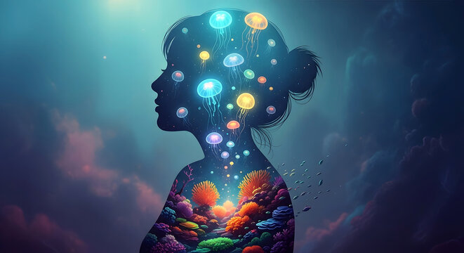 Silhouette Woman With Jellyfish And Coral Reef Inside Her Body profile head