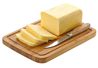 Delicious creamy butter slices on wooden cutting board with knife close up dairy culinary ingredients