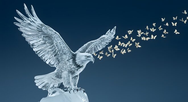 An ice sculpture of an eagle sublimates into a flock of butterflies, a surreal metaphor for a graceful end, a beautiful release, and a legacy taking flight