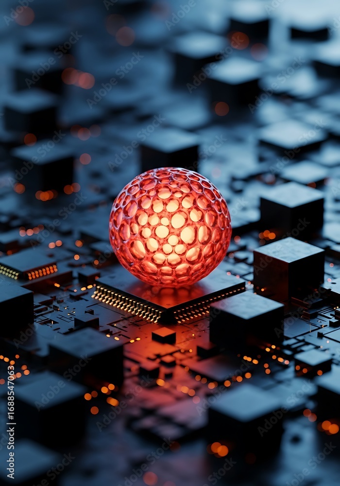 Poster red sphere on circuit board abstract technology image