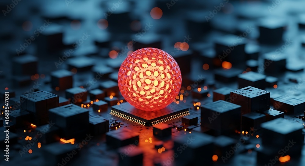 Poster red sphere on microchip circuit board 3d rendering