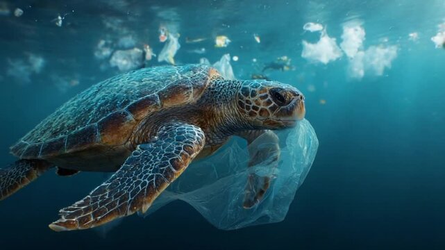 Underwater Sea Turtle and Plastic Bag: A sea turtle swims amidst plastic waste in the ocean, highlighting the dire effects of pollution on marine life.
