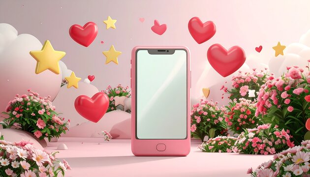 Pink smartphone surrounded by hearts and stars