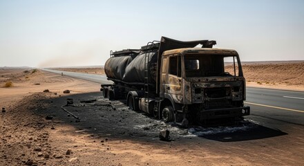 Burnt tanker truck on desert highway after accident. Roadside assistance and vehicle recovery concept for commercial transport.