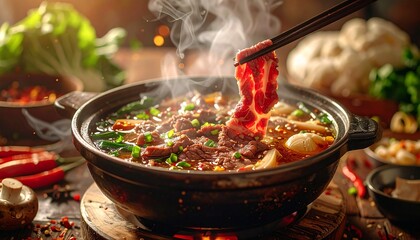 Aromatic Chinese hot pot with beef and vegetables served with chopsticks and steam rising