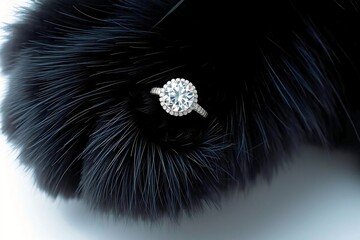Luxury diamond engagement ring displayed on a black cat’s paw, photographed in a clean studio setting with sharp detail.
