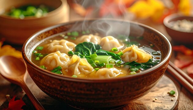 Steaming bowl of wonton soup with fresh green vegetables and aromatic herbs on a wooden table - Powered by Adobe