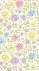floral wallpaper, seamless pattern, roses, peonies, vintage, pastel flowers, cream background, elegant design, home decor, interior