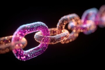 Abstract chain link, vibrant colors, glowing particles