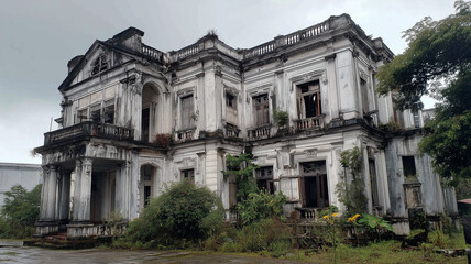 Abandoned colonial mansion with overgrown foliage