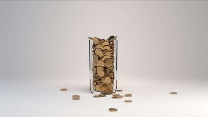 Coins in a transparent glass on a white background