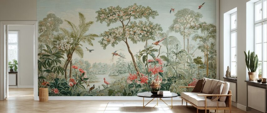 Tropical mural depicting a lush forest scene with birds and flowers.  Soft pastel colors and detailed foliage.  Peaceful, exotic ambiance