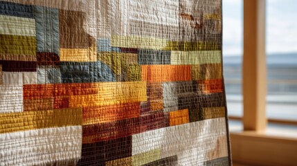 A vibrant quilt featuring an array of colors and patterns is prominently displayed indoors. Natural light streams through a window, enhancing the textile details and textures.