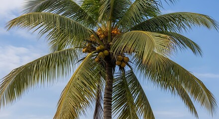 Obraz premium Tropical palm tree with coconuts under blue sky 