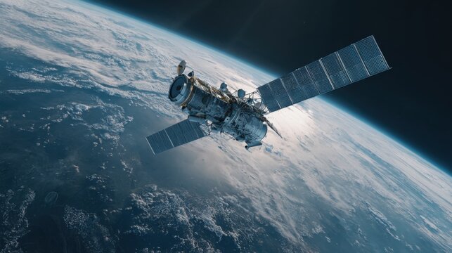 spacecraft orbiting earth above clouds - Powered by Adobe