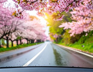Clean raindrops on the car front window and driving in rain on the road with full of blooming cherry blossom trees, AI Generated image