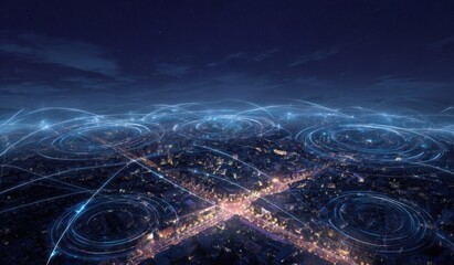 Aerial view of a city at night, overlaid with a network of glowing lines and circles.  City lights illuminate the streets.  Abstract digital network
